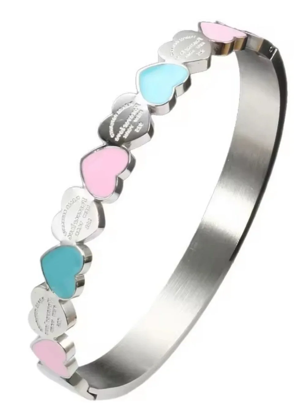 COMING SOON!Heart Accent Stainless Steel Bangle Bracelet - Pink & Turquoise